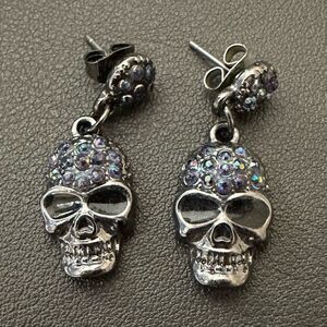 Skull skeleton dangle drop blue rhinestone Earrings